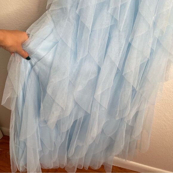 Lulus Delightful Beauty Blue Mesh Strapless Ruched Ruffled Maxi Dress Medium - Picture 4 of 6